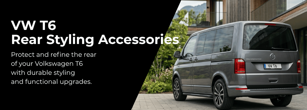 VW T6 Transporter rear styling accessories including bumper protectors and LED lights