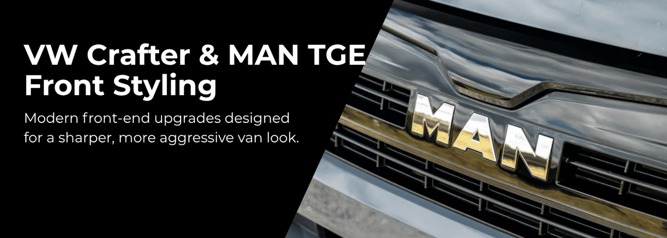VW Crafter and MAN TGE front styling accessories collection including grille inserts and headlight guards