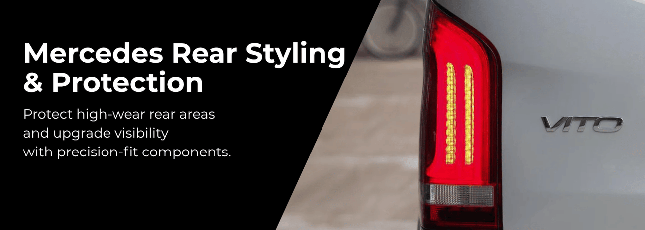 Mercedes Vito rear styling accessories including stainless steel bumper protectors and LED lights