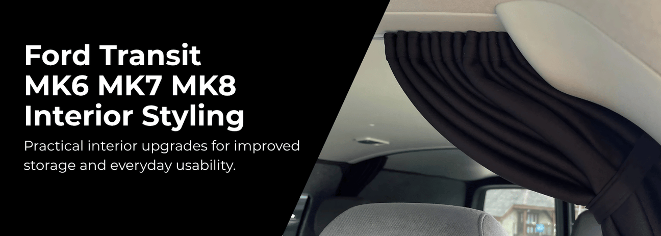 Van interior styling accessories including curtains, storage hooks and charging modules for campervan conversions