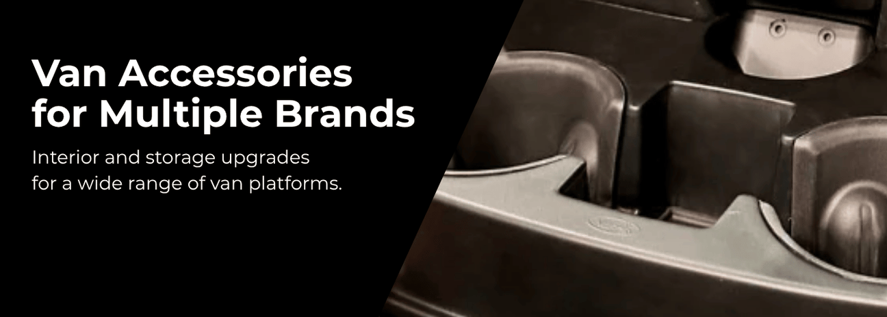 Collection of premium van accessories and parts including curtains, trims, and interior upgrades for campervans