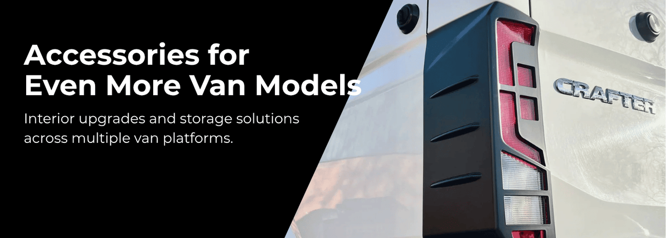 Collection of premium van accessories including curtains, dashboard upgrades and interior comfort products for campervans