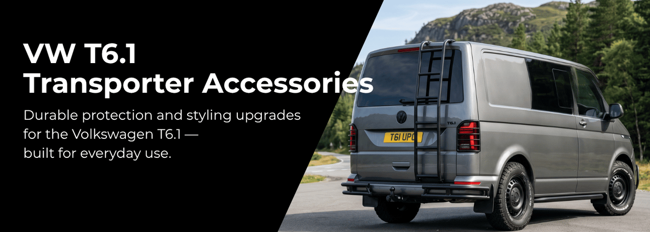 VW T6.1 Transporter van parts and accessories collection showing curtains, steps and styling upgrades