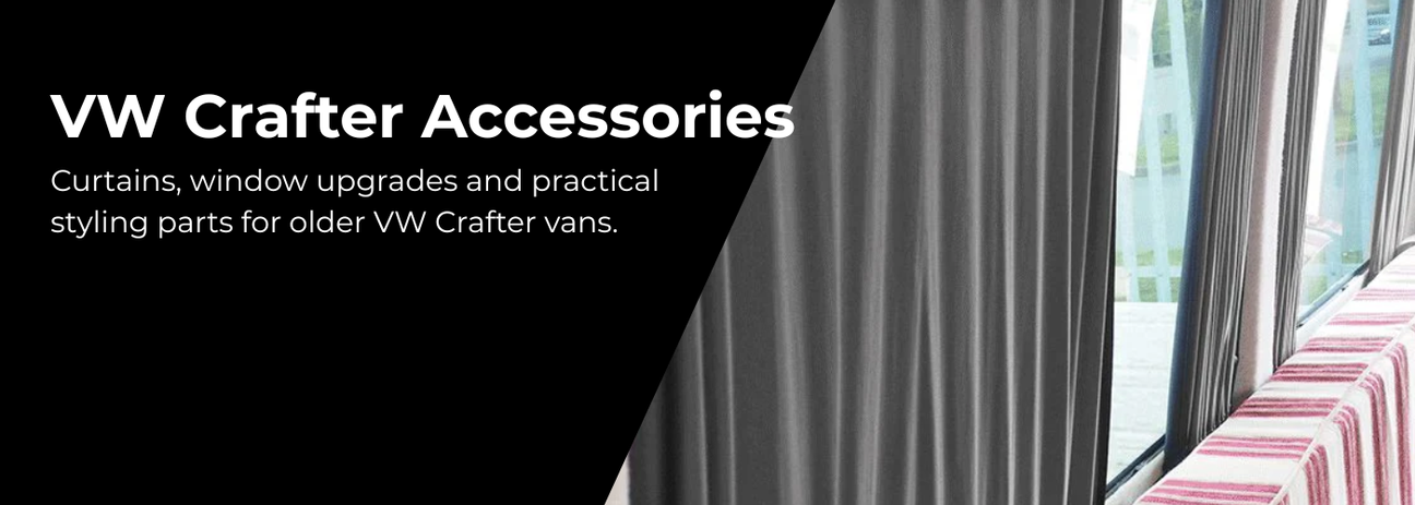 VW Crafter accessories including privacy curtains, window upgrades, awning rails, trims and campervan conversion parts