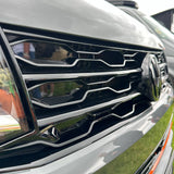 VW T6 Front Grille R-Line (2 ann an 1) le suaicheantas / gun bhràiste - gleansach dubh