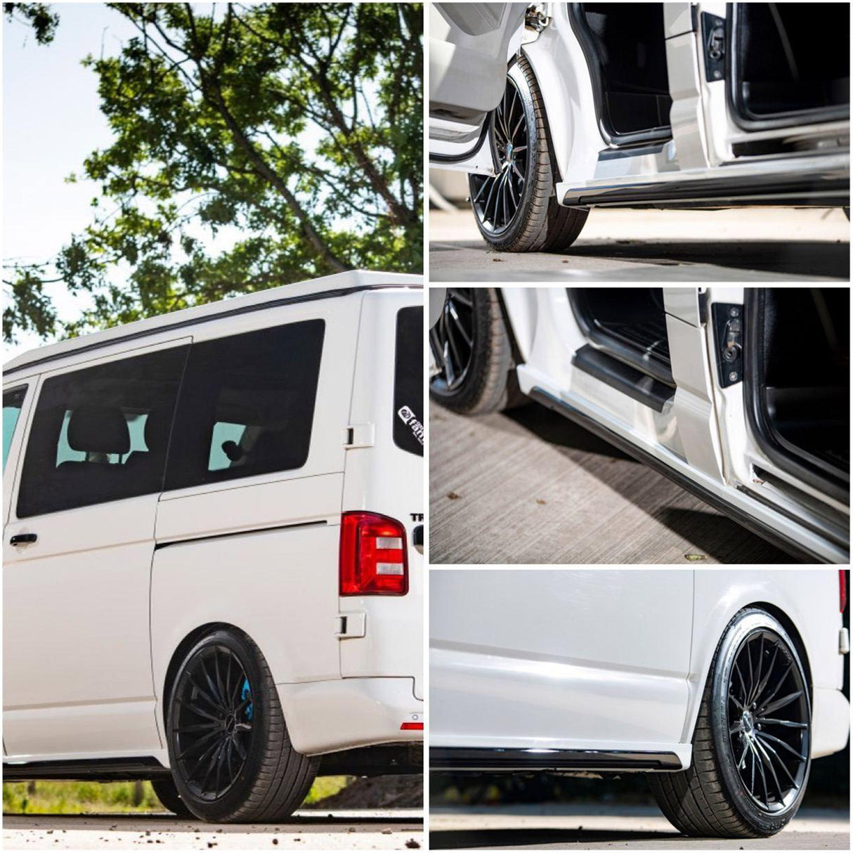 VW T6 Transporter SWB Sgiortaichean taobh Candy White Plastic air a pheantadh agus deiseil airson uidheamachadh